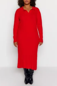 Trendyol Curve Rejection Polo Shirt Collar Ribbed Knit Dress - Image 3