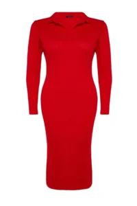 Trendyol Curve Rejection Polo Shirt Collar Ribbed Knit Dress - Image 6
