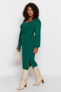 Trendyol Curve Emerald Green Ribbed bodycone Midi Knit Dress - Image 2