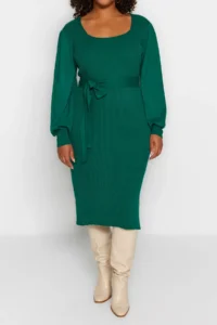 Trendyol Curve Emerald Green Ribbed bodycone Midi Knit Dress - Image 3
