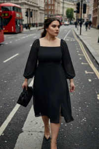 Trendyol Curve Black Plus Size Square Neck slit A-Kesim/Life Midi Weaving Siphon Dress