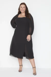 Trendyol Curve Black Plus Size Square Neck slit A-Kesim/Life Midi Weaving Siphon Dress - Image 10