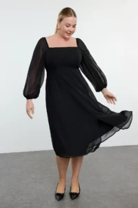 Trendyol Curve Black Plus Size Square Neck slit A-Kesim/Life Midi Weaving Siphon Dress - Image 2
