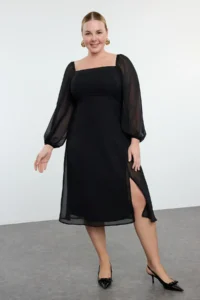 Trendyol Curve Black Plus Size Square Neck slit A-Kesim/Life Midi Weaving Siphon Dress - Image 3