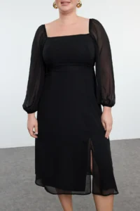 Trendyol Curve Black Plus Size Square Neck slit A-Kesim/Life Midi Weaving Siphon Dress - Image 4