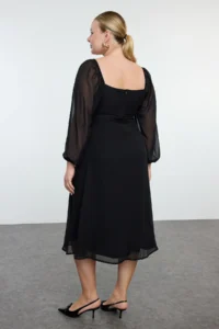 Trendyol Curve Black Plus Size Square Neck slit A-Kesim/Life Midi Weaving Siphon Dress - Image 6