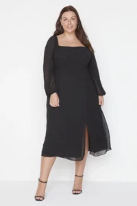 Trendyol Curve Black Plus Size Square Neck slit A-Kesim/Life Midi Weaving Siphon Dress - Image 7