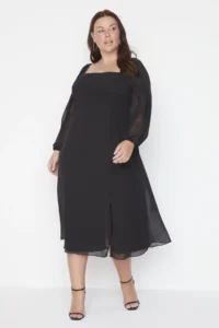 Trendyol Curve Black Plus Size Square Neck slit A-Kesim/Life Midi Weaving Siphon Dress - Image 8