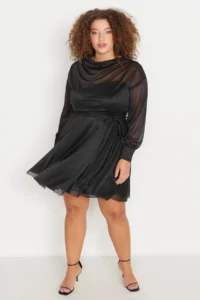 Trendyol Curve Black Waist Open/skater Glitter Mini Knitting Dress - Image 2