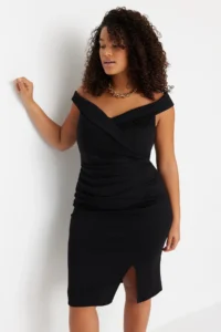 Trendyol Curve Black Body-Fitting Gathering Detailed Knitting Plus Size Dress - Image 2