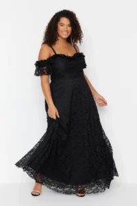 Trendyol Curve Black Sleeveless A-Cut/Life Lace LONG Evening Gown/Graduation/Engagement/Evening Dress