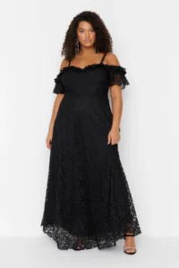 Trendyol Curve Black Sleeveless A-Cut/Life Lace LONG Evening Gown/Graduation/Engagement/Evening Dress - Image 4