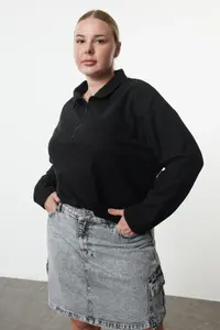 Trendyol Curve Black Thessaloniki/Knitwear look Zippered Collar Regular/Normal Pattern Knitting Sweatshirt - Image 2