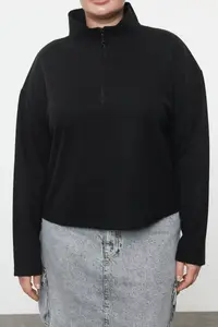 Trendyol Curve Black Thessaloniki/Knitwear look Zippered Collar Regular/Normal Pattern Knitting Sweatshirt - Image 3