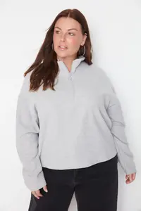 Trendyol Curve Gray Thessaloniki/Knitwear look Zippered Collar Regular/Normal Pattern Knitting Sweatshirt