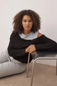 Trendyol Curve Black Crew Neck Omuz Detailed Thin Knitting Plus Size Sweatshirt