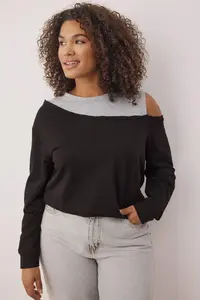 Trendyol Curve Black Crew Neck Omuz Detailed Thin Knitting Plus Size Sweatshirt - Image 2