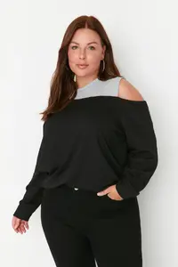 Trendyol Curve Black Crew Neck Omuz Detailed Thin Knitting Plus Size Sweatshirt - Image 5