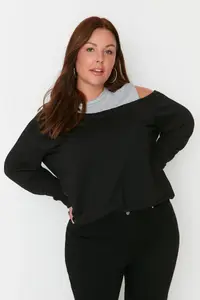 Trendyol Curve Black Crew Neck Omuz Detailed Thin Knitting Plus Size Sweatshirt - Image 8