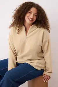 Trendyol Curve Beige Hooded Thick Fleece Knitting Plus Size Sweatshirt - Image 2