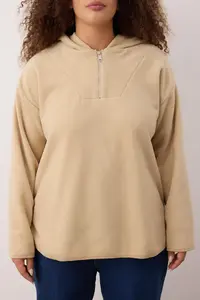 Trendyol Curve Beige Hooded Thick Fleece Knitting Plus Size Sweatshirt - Image 3