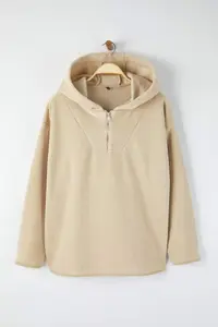Trendyol Curve Beige Hooded Thick Fleece Knitting Plus Size Sweatshirt - Image 5
