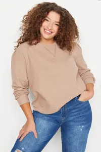 Trendyol Curve Stone Crew Neck Thessaloniki Thin Knitting Plus Size Sweatshirt