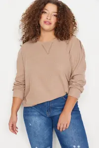 Trendyol Curve Stone Crew Neck Thessaloniki Thin Knitting Plus Size Sweatshirt - Image 3