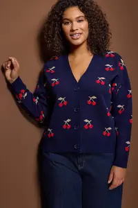 Trendyol Curve Navy Blue Cherry Patterned V-neck Crop Knitwear Cardigan - Image 2