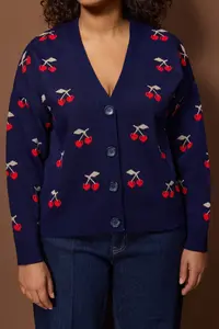 Trendyol Curve Navy Blue Cherry Patterned V-neck Crop Knitwear Cardigan - Image 3