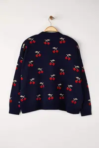 Trendyol Curve Navy Blue Cherry Patterned V-neck Crop Knitwear Cardigan - Image 8