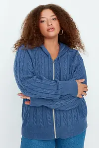 Trendyol Curve Indigo Hooded Zippered Knitwear Cardigan - Image 3