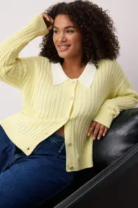 Trendyol Curve Yellow Ribbed Collar Detailed Buttoned Knitwear Cardigan