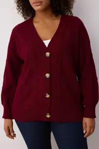 Trendyol Curve Burgundy Hair Knitting Detailed V-neck buttoned Knitwear Cardigan - Image 3
