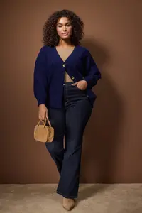 Trendyol Curve Navy Blue Hair Knitting Detailed V-neck buttoned Knitwear Cardigan