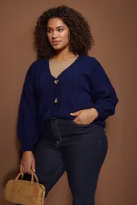 Trendyol Curve Navy Blue Hair Knitting Detailed V-neck buttoned Knitwear Cardigan - Image 2