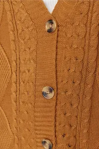 Trendyol Curve Tan Hair Knitting Detailed V-neck buttoned Knitwear Cardigan - Image 2