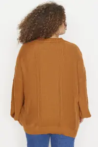 Trendyol Curve Tan Hair Knitting Detailed V-neck buttoned Knitwear Cardigan - Image 5