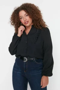 Trendyol Curve Black Tippet Balloon Kollu Frilly Weaving Plus Size Shirt - Image 2