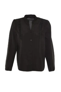 Trendyol Curve Black Tippet Balloon Kollu Frilly Weaving Plus Size Shirt - Image 6
