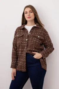 Trendyol Curve Brown Tweed Long Sleeve Winter Weaving Plus Size Shirt/Jacket - Image 2