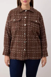 Trendyol Curve Brown Tweed Long Sleeve Winter Weaving Plus Size Shirt/Jacket - Image 3