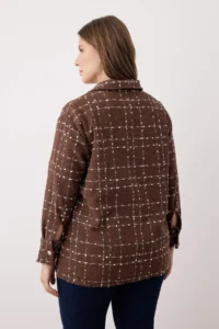 Trendyol Curve Brown Tweed Long Sleeve Winter Weaving Plus Size Shirt/Jacket - Image 4