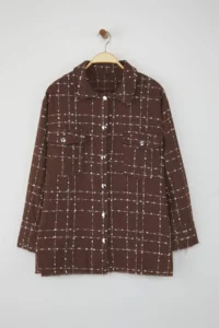 Trendyol Curve Brown Tweed Long Sleeve Winter Weaving Plus Size Shirt/Jacket - Image 5