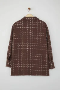 Trendyol Curve Brown Tweed Long Sleeve Winter Weaving Plus Size Shirt/Jacket - Image 7