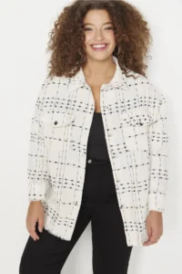 Trendyol Curve White Tweed Long Sleeve Winter Weaving Plus Size Shirt/Jacket