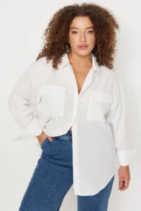 Trendyol Curve Ecru Cotton Long Sleeve double pocket Skirt slit Poplin Weaving Plus Size Shirt
