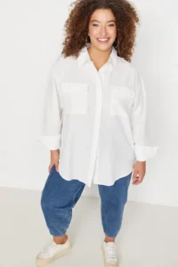 Trendyol Curve Ecru Cotton Long Sleeve double pocket Skirt slit Poplin Weaving Plus Size Shirt - Image 3