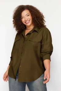 Trendyol Curve Khaki Cotton Long Sleeve double pocket Skirt slit Poplin Weaving Plus Size Shirt - Image 2
