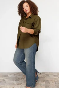 Trendyol Curve Khaki Cotton Long Sleeve double pocket Skirt slit Poplin Weaving Plus Size Shirt - Image 3